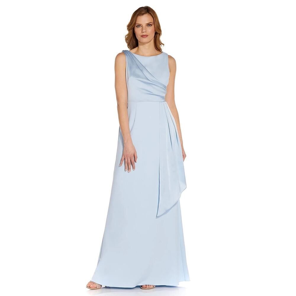 Adrianna Papell Knit Crepe Satin Gown Women's 8 Blue Sleeveless Maxi Draped NWT